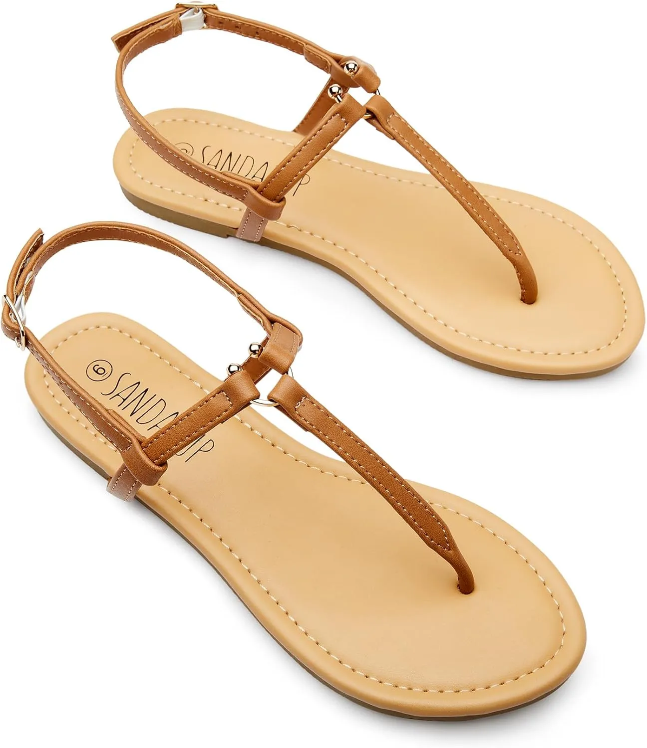 SANDALUP Thong Flat Sandals with Ring Metal and Adjustable Ankle Buckle for Women Summer