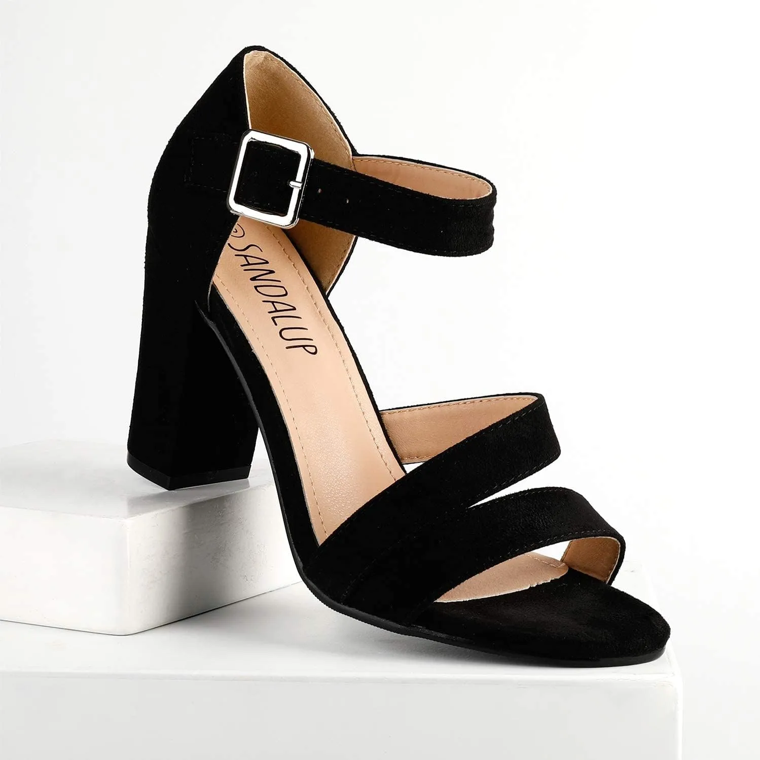 SANDALUP Women's Chunky Block High Heel Sandals with Open Toe Ankle Strap for Dress Wedding Party