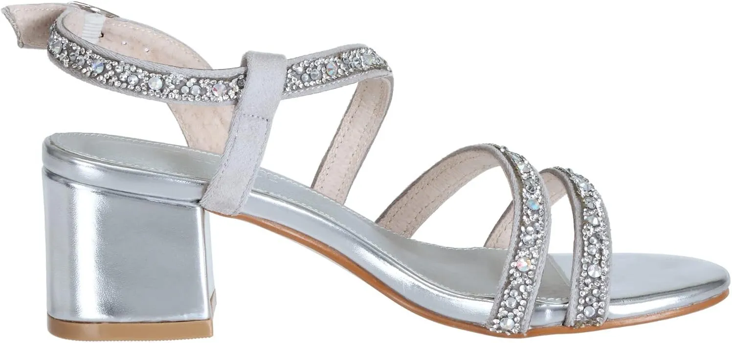 SheSole Women's Open Toe Slingback Strappy Heels Rhinestone Sandals Wedding Shoes for Bride Low Block Chunky Heels Metallic
