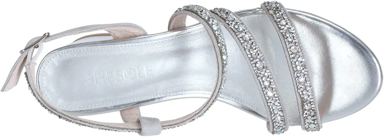 SheSole Women's Open Toe Slingback Strappy Heels Rhinestone Sandals Wedding Shoes for Bride Low Block Chunky Heels Metallic