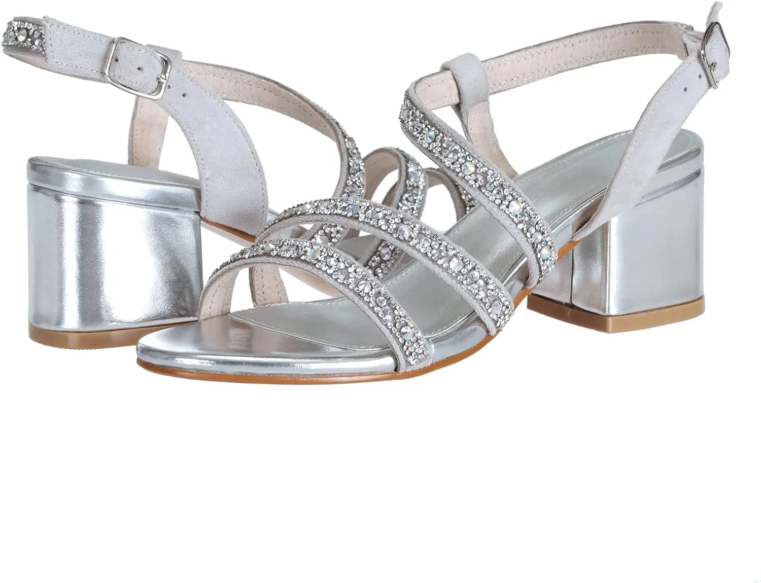 SheSole Women's Open Toe Slingback Strappy Heels Rhinestone Sandals Wedding Shoes for Bride Low Block Chunky Heels Metallic