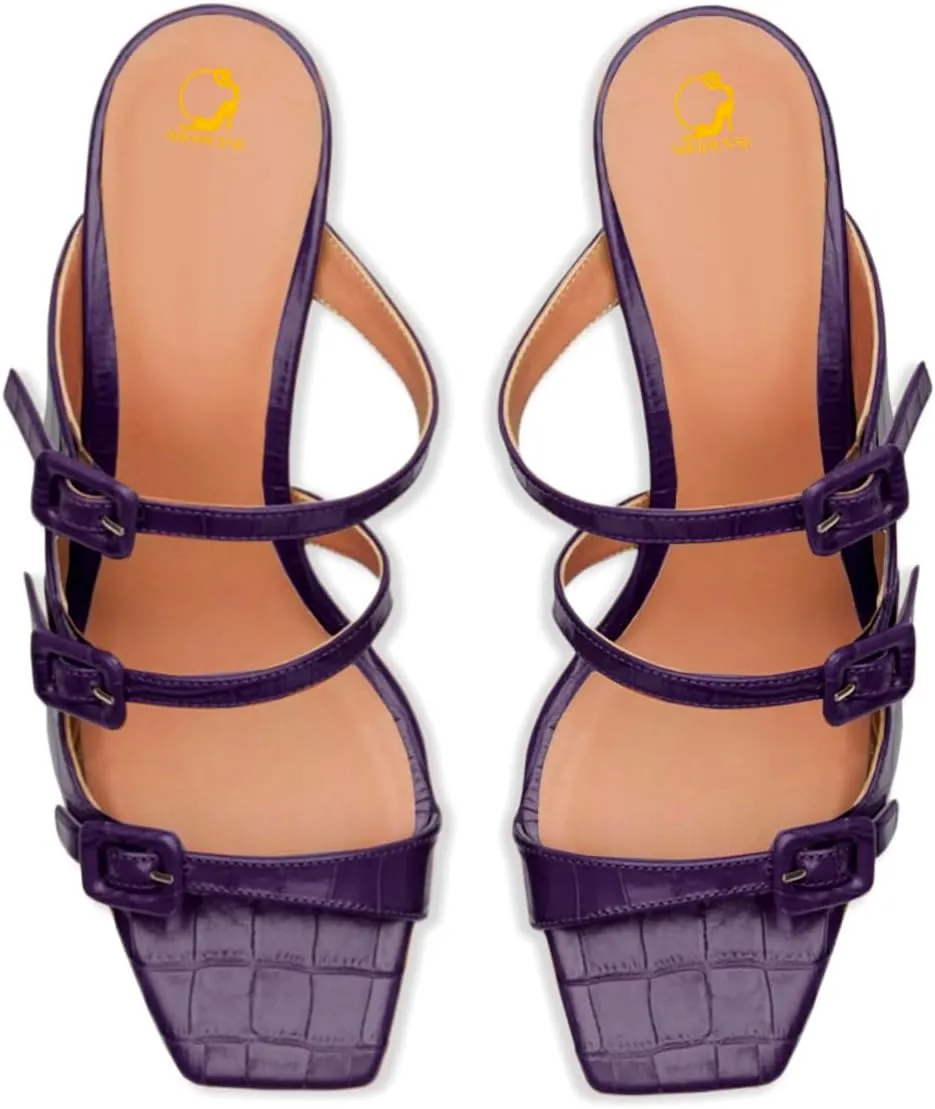 SHODENSE Women Kitten Heels Mules Square Open Toe Sandals Suede 2 Inch Mid Heels Slippers Buckle Strappy Patent Crocodile Mule Clogs Peep Toe Slip-Ons Comfortable Slides Shoes Dressy Fashion 4-11 M US