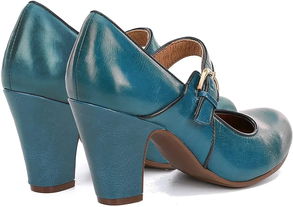 SHODENSE Women Vintage Chunky High Heel Mary Jane Shoes Round Closed Toe Ankle Strap Dress Sandals 3" Block Heels Mary Jane Lolita Pumps Two-Toned Patchwork Buckle Office Lady Wedding Retro 4-11 M US