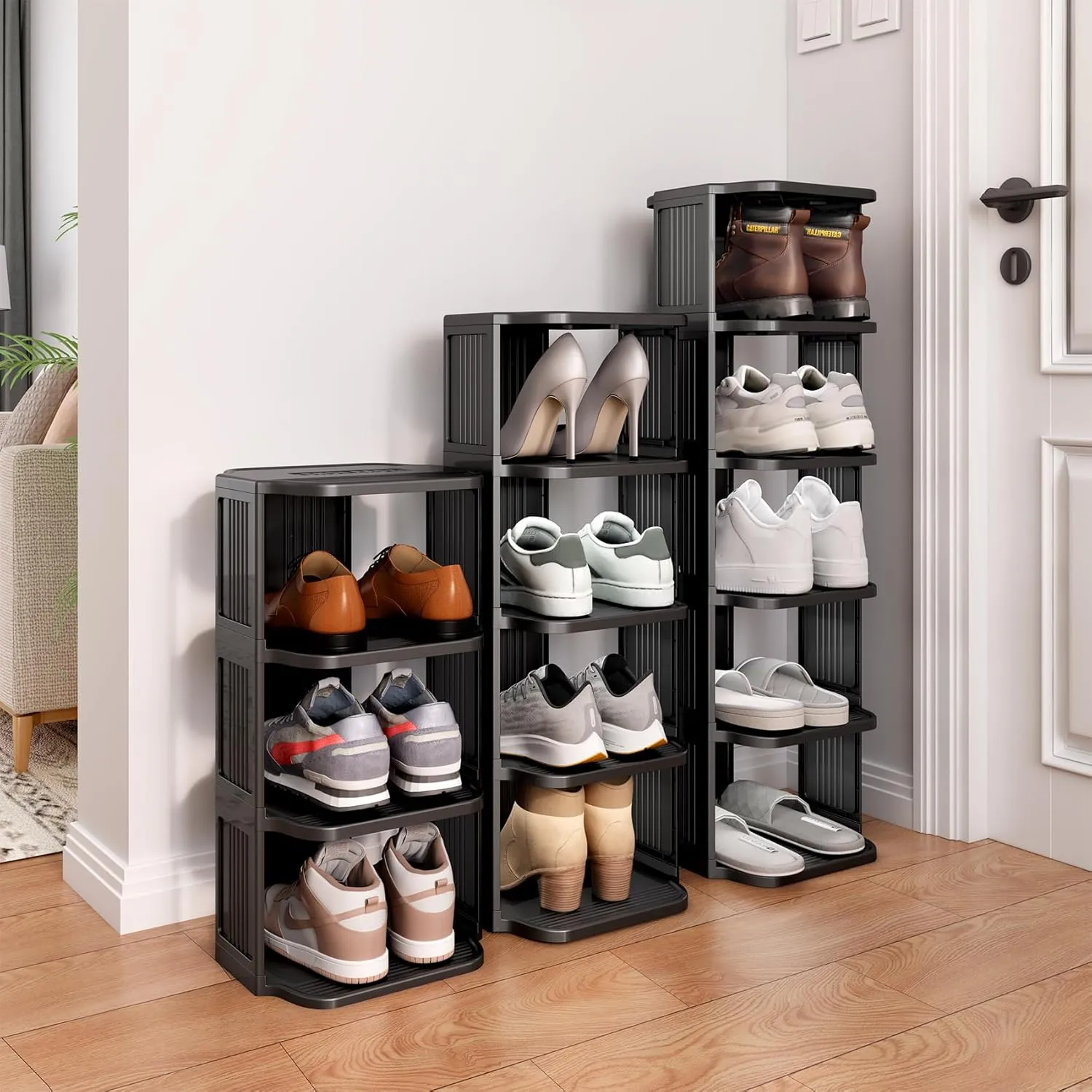 Shoe Racks for Closet, 5 Tiers Stackable Shoe Rack for Front Door Entrance Free Standing Plastic Shoe Stand Narrow Tall Vertical Shoe Rack, Closet Shoe Organizer for Small Spaces Shoe Storage