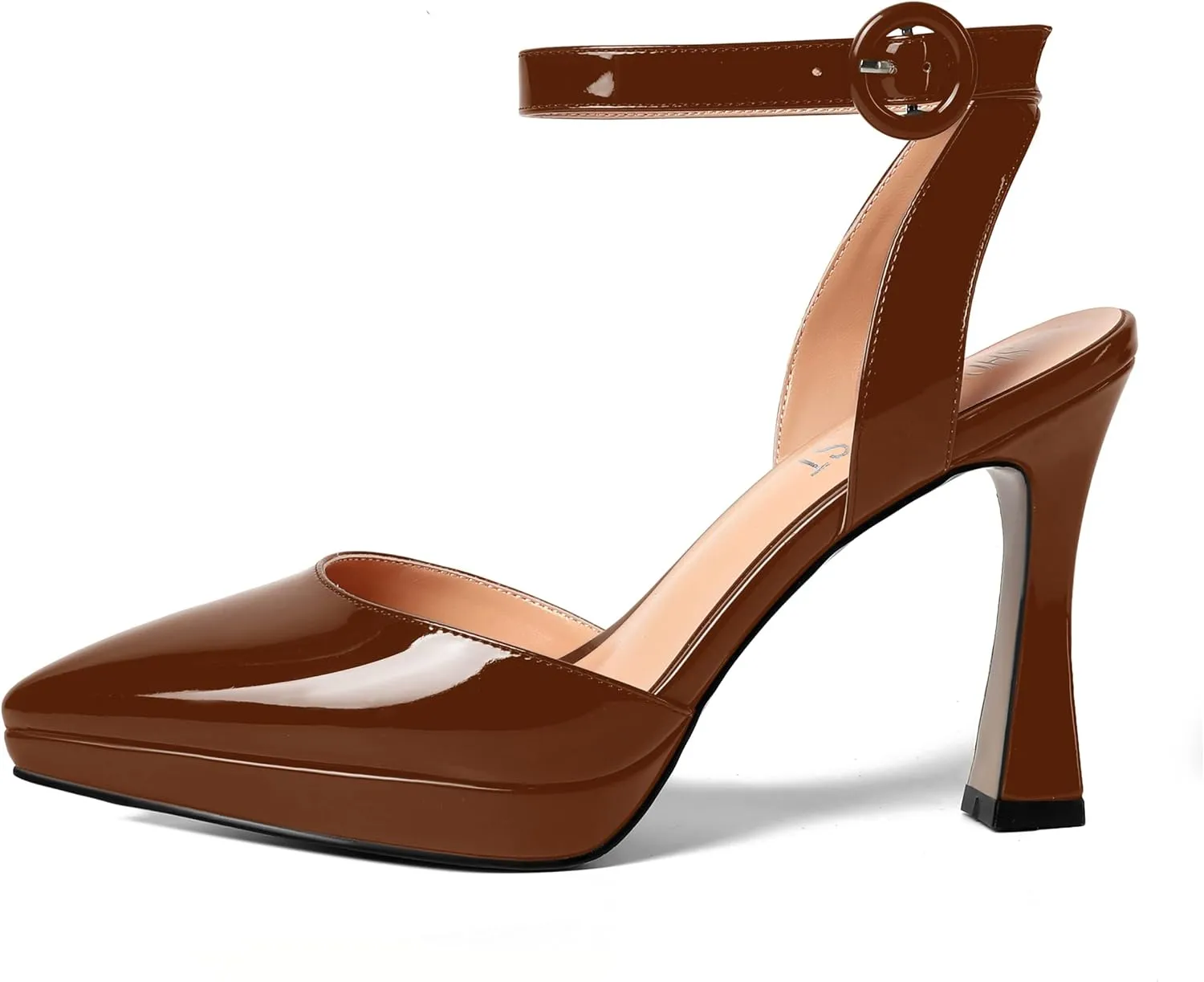 SHOWFOREST Womens Ankle Strap Sexy Pointed Toe Patent Buckle Evening Spool High Heel Pumps Shoes 4 Inch