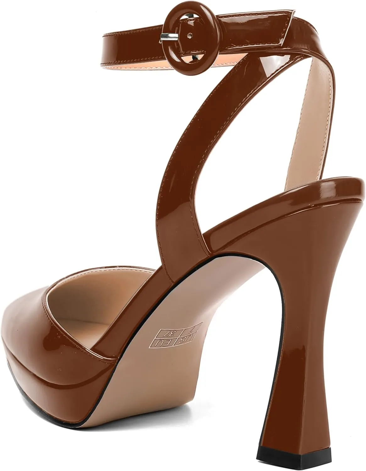 SHOWFOREST Womens Ankle Strap Sexy Pointed Toe Patent Buckle Evening Spool High Heel Pumps Shoes 4 Inch