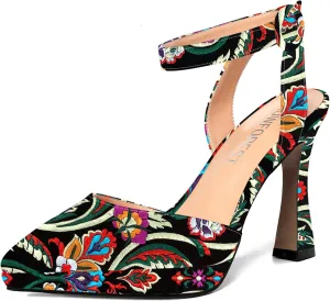 SHOWFOREST Womens Ankle Strap Sexy Pointed Toe Patent Buckle Evening Spool High Heel Pumps Shoes 4 Inch
