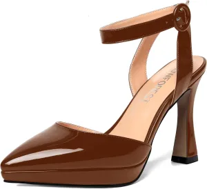SHOWFOREST Womens Ankle Strap Sexy Pointed Toe Patent Buckle Evening Spool High Heel Pumps Shoes 4 Inch