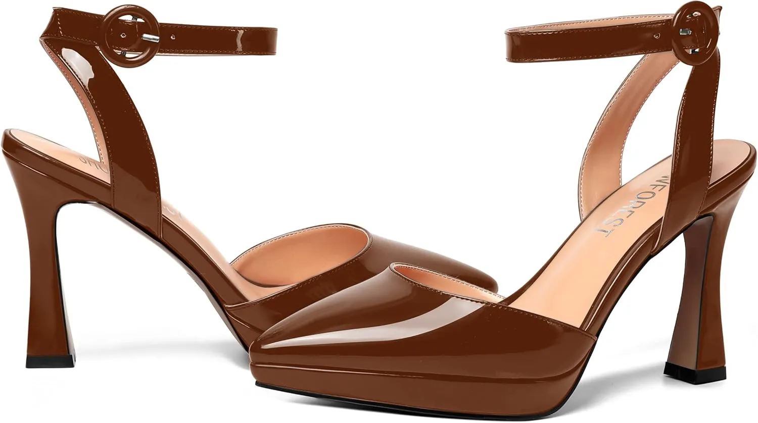 SHOWFOREST Womens Ankle Strap Sexy Pointed Toe Patent Buckle Evening Spool High Heel Pumps Shoes 4 Inch