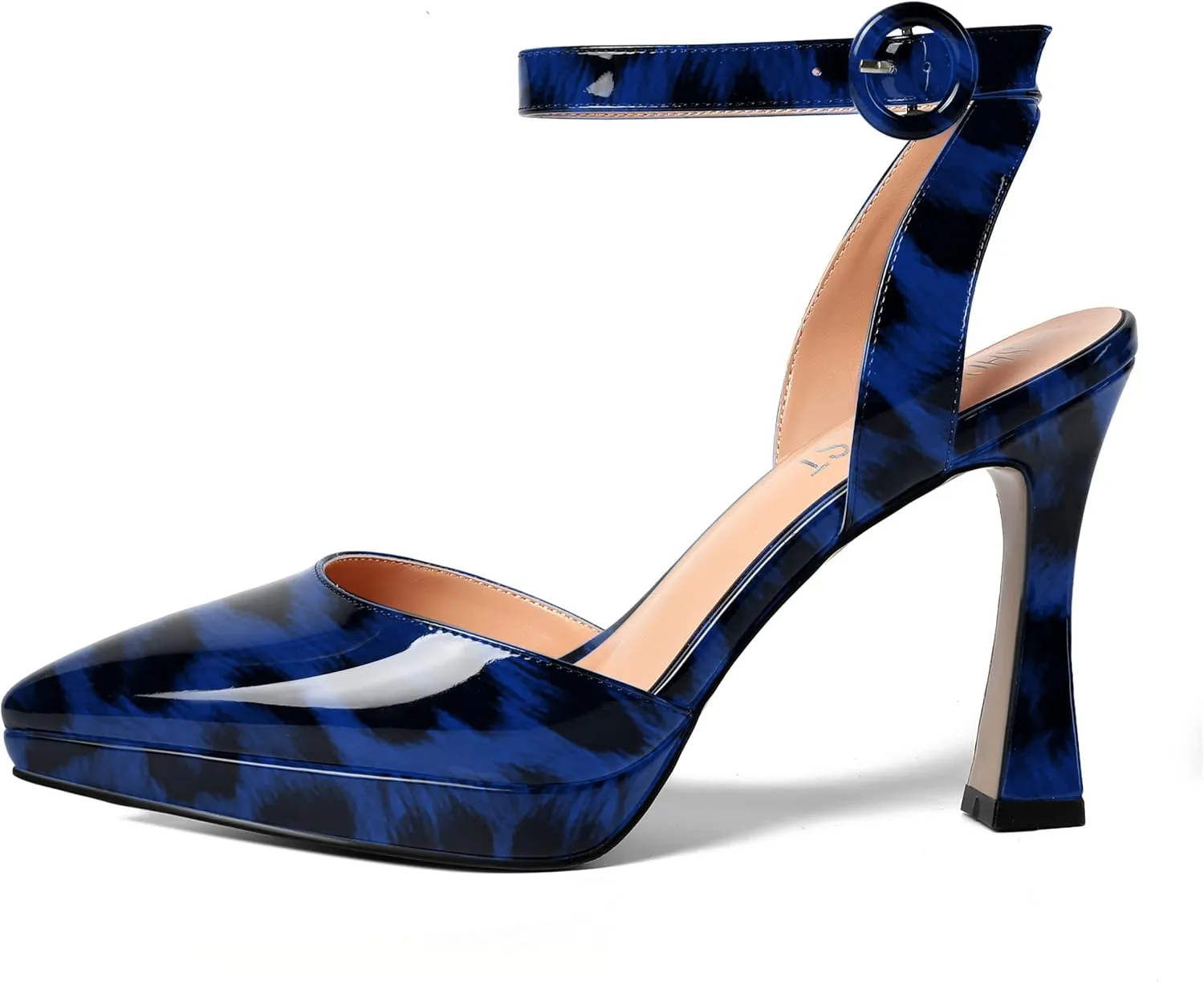 SHOWFOREST Womens Ankle Strap Sexy Pointed Toe Patent Buckle Evening Spool High Heel Pumps Shoes 4 Inch