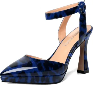 SHOWFOREST Womens Ankle Strap Sexy Pointed Toe Patent Buckle Evening Spool High Heel Pumps Shoes 4 Inch