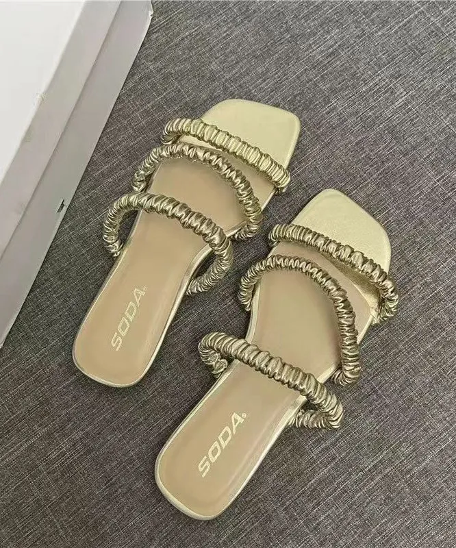 Simple Comfy Gold Faux Leather Slide Sandals Peep Toe