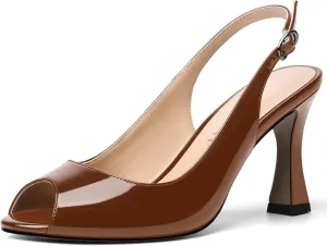 SKYSTERRY Womens Buckle Solid Wedding Peep Toe Patent Cute Slingback Spool High Heel Pumps Shoes 3.3 Inch