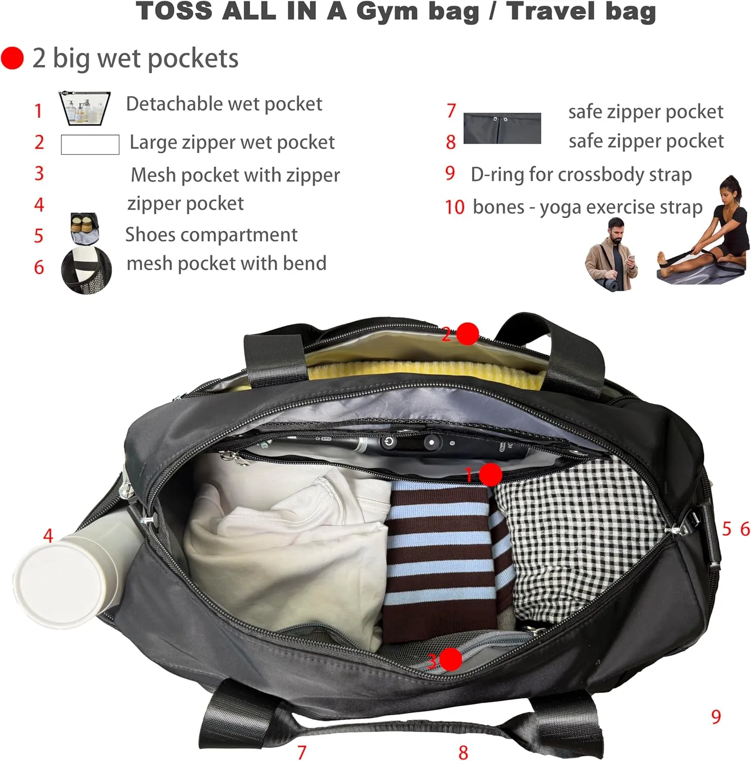Small Gym Bag 3.0 Durable Designed Duffel Bag with Shoe Compartment Including 2 Detachable Wet-Compartment WoMen & Men (Black)