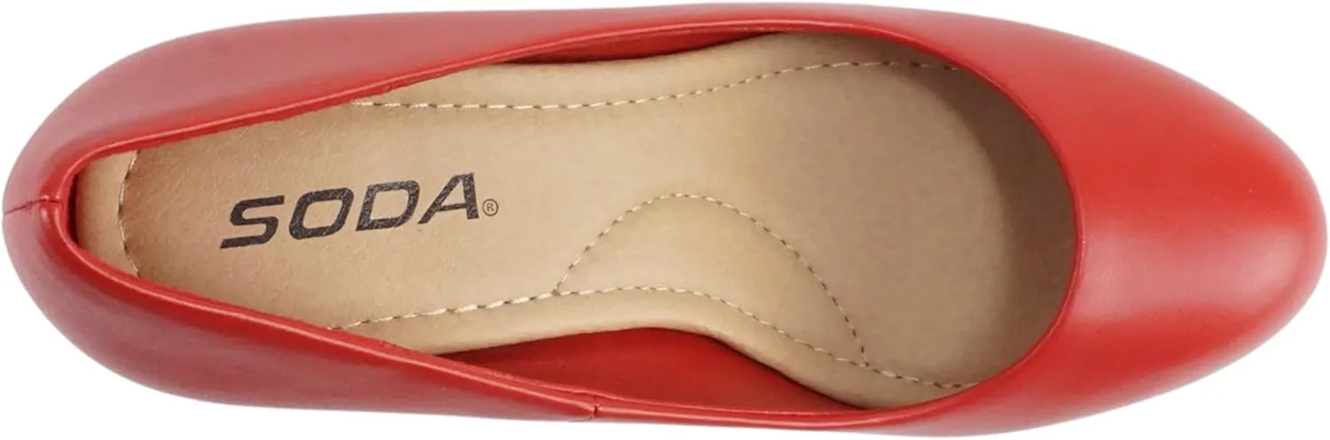 Soda “ANDI” ~ Women Closed Round Toe Slip-On Comfortable Cushion Insole Mid Heel Pump Shoe