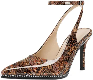 Soireelady Women Slingback High Heel Beaded Pumps Pointed Toe Stilettos Slip On Strappy Heels Ankle Strap Dress Pumps Shoes 3.5 Inches