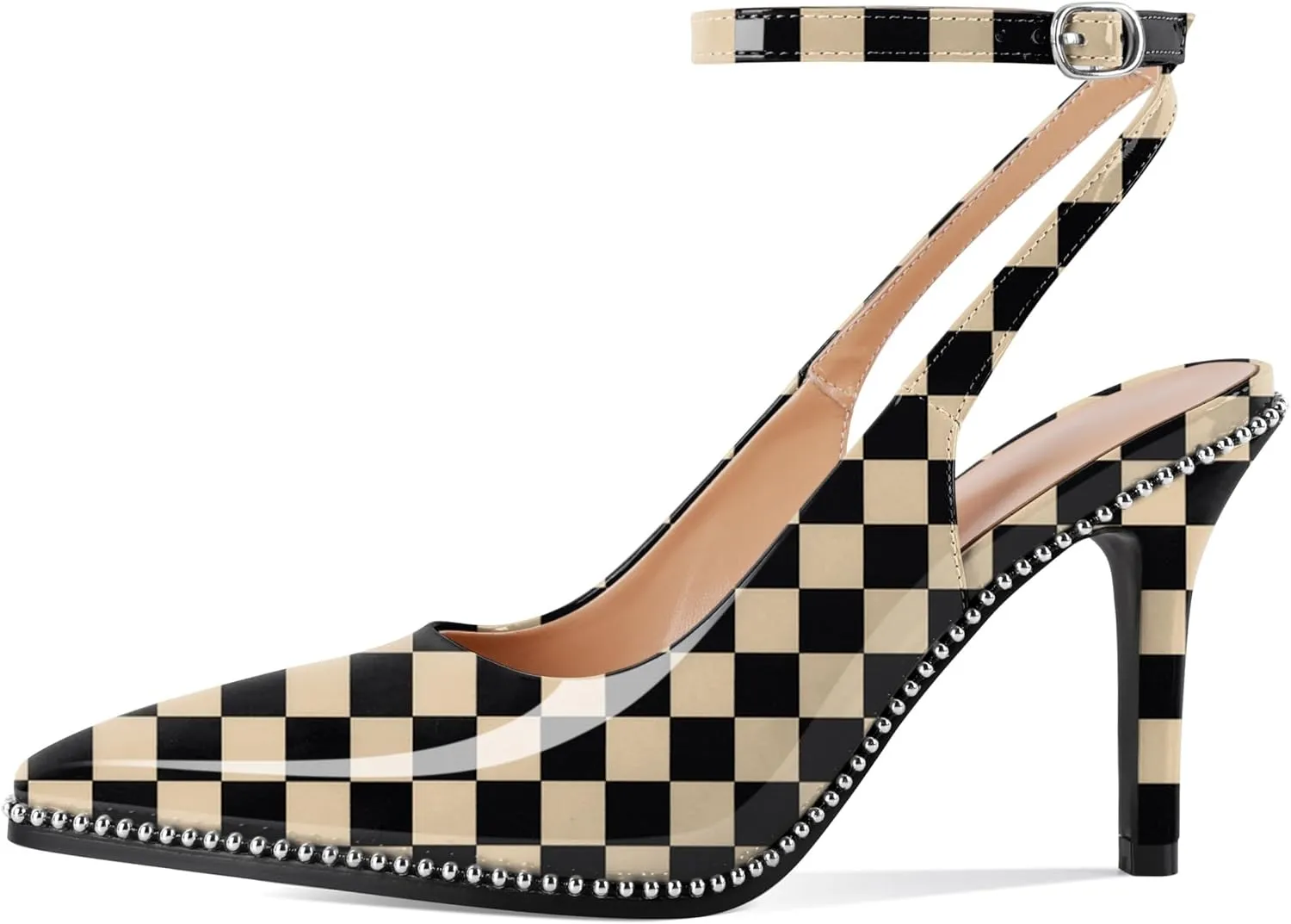 Soireelady Women Slingback High Heel Beaded Pumps Pointed Toe Stilettos Slip On Strappy Heels Ankle Strap Dress Pumps Shoes 3.5 Inches