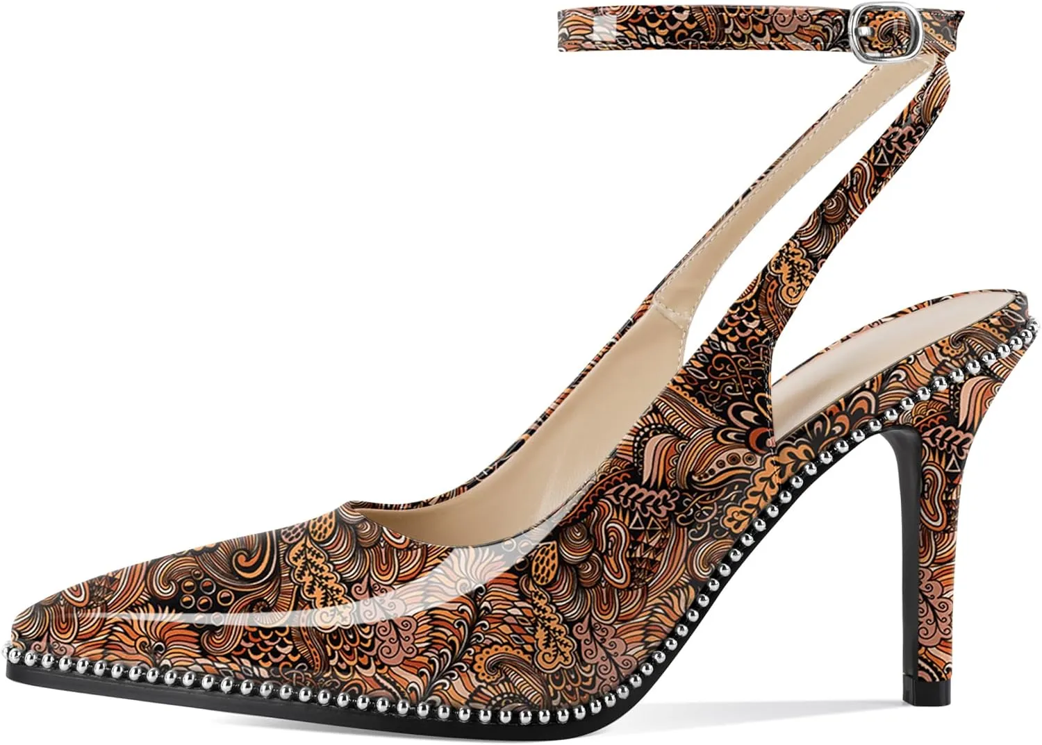Soireelady Women Slingback High Heel Beaded Pumps Pointed Toe Stilettos Slip On Strappy Heels Ankle Strap Dress Pumps Shoes 3.5 Inches