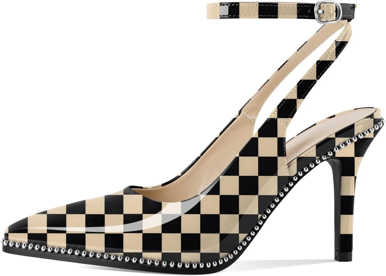 Soireelady Women Slingback High Heel Beaded Pumps Pointed Toe Stilettos Slip On Strappy Heels Ankle Strap Dress Pumps Shoes 3.5 Inches