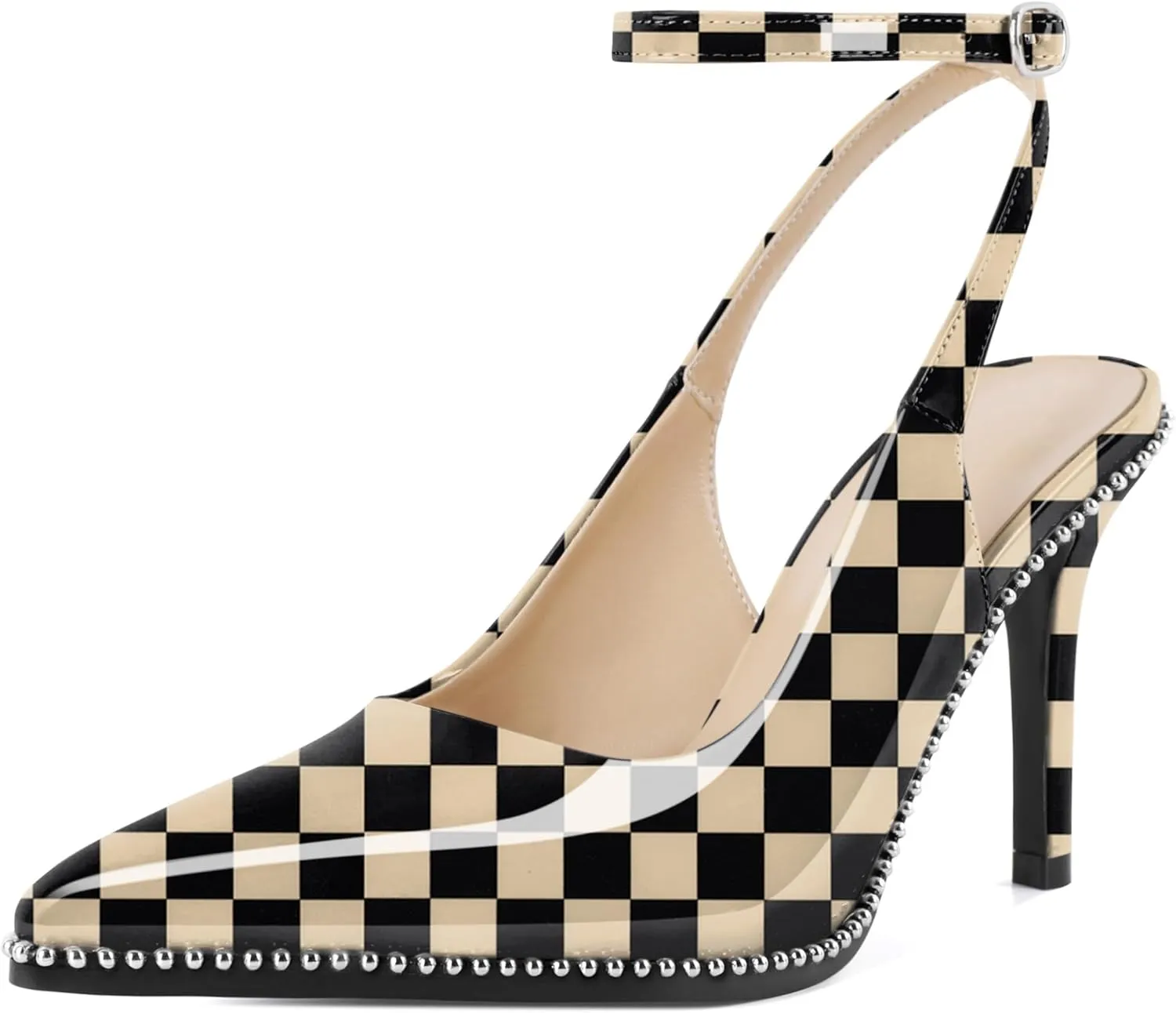 Soireelady Women Slingback High Heel Beaded Pumps Pointed Toe Stilettos Slip On Strappy Heels Ankle Strap Dress Pumps Shoes 3.5 Inches
