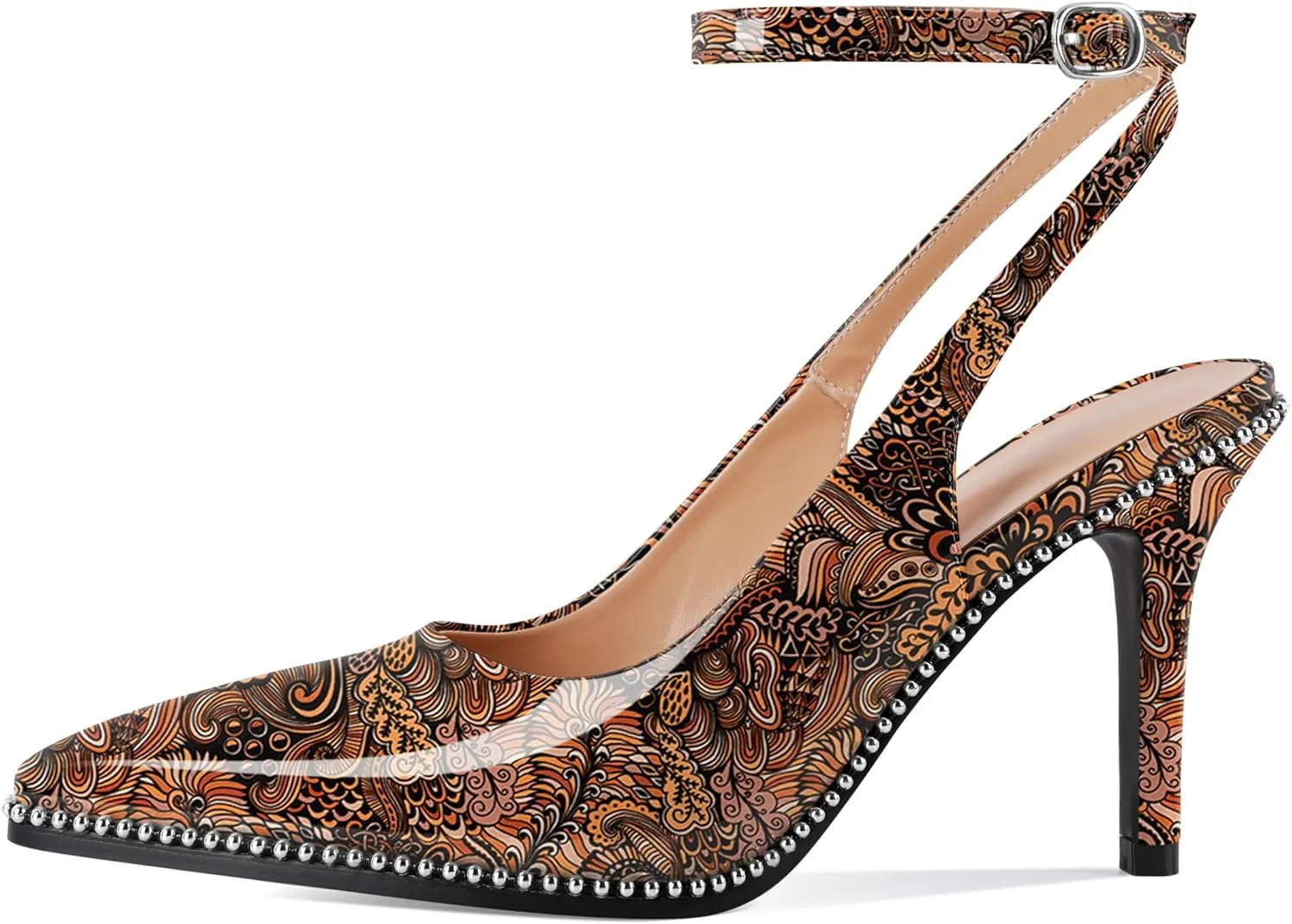 Soireelady Women Slingback High Heel Beaded Pumps Pointed Toe Stilettos Slip On Strappy Heels Ankle Strap Dress Pumps Shoes 3.5 Inches