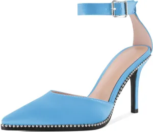 Soireelady Womens High Heels Beaded Pumps Stiletto Ankle Strap Heels Pointed Toe D'Orsay Heel Dress Shoes Satin 3.5 Inch