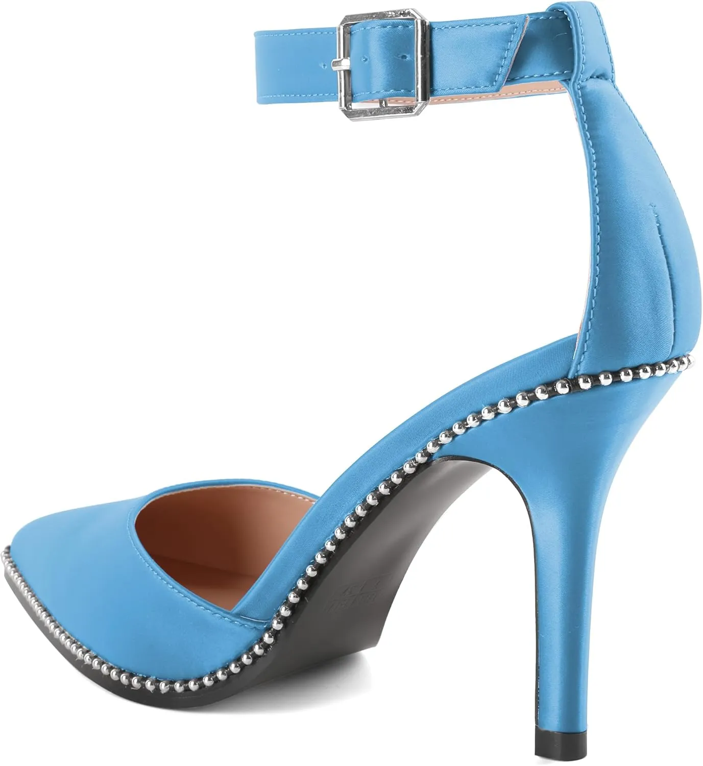 Soireelady Womens High Heels Beaded Pumps Stiletto Ankle Strap Heels Pointed Toe D'Orsay Heel Dress Shoes Satin 3.5 Inch