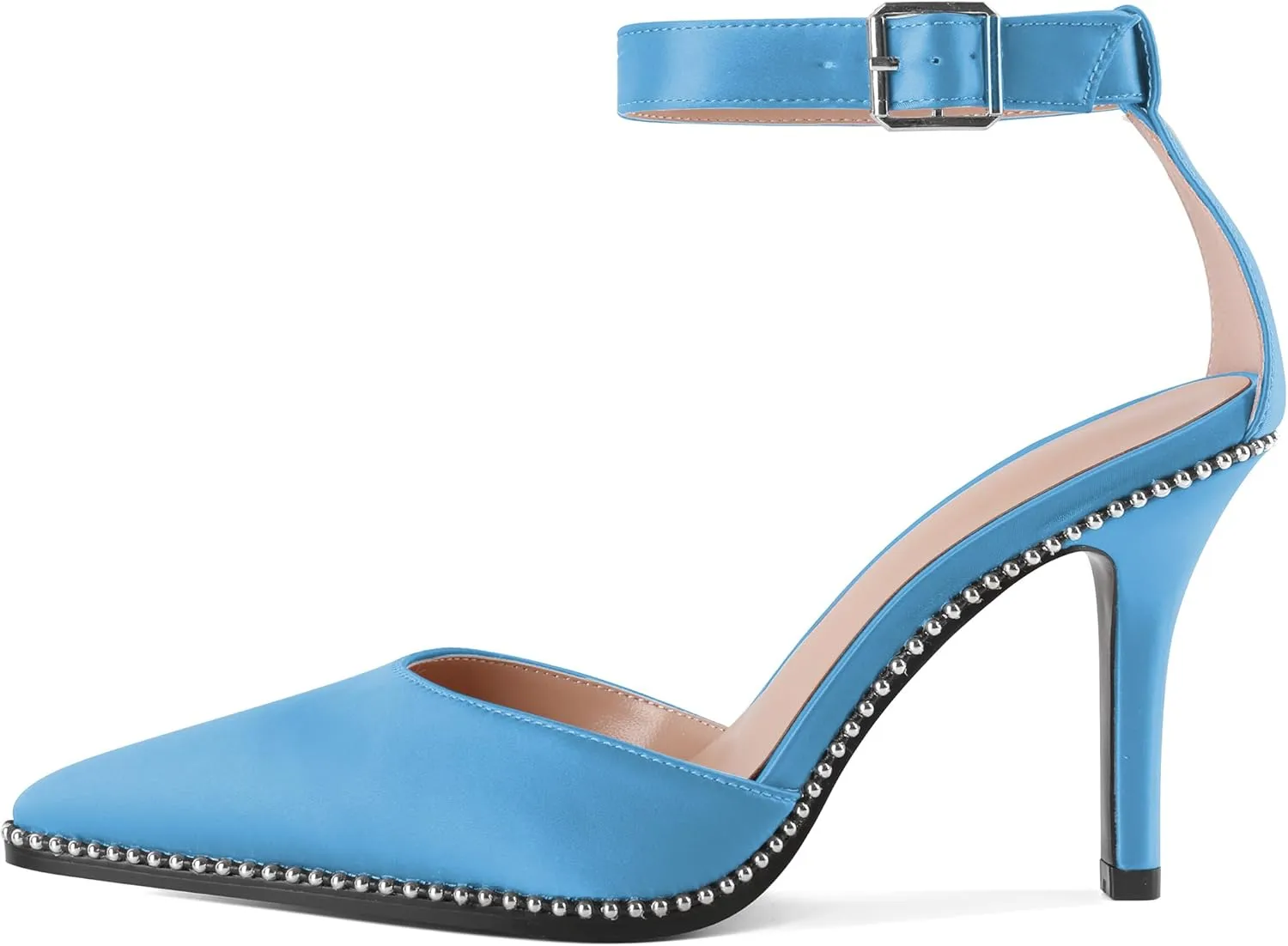 Soireelady Womens High Heels Beaded Pumps Stiletto Ankle Strap Heels Pointed Toe D'Orsay Heel Dress Shoes Satin 3.5 Inch