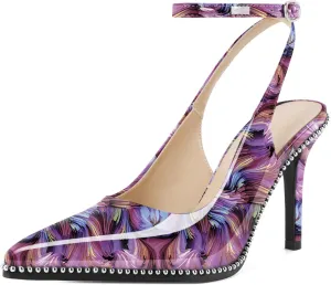 Soireelady Women's Slingback Heels Ankle Strap Pointed Toe Stilettos High Heel Beaded Pumps Dress Shoes 3.5 Inches