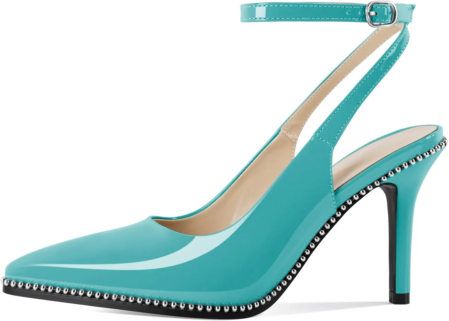 Soireelady Women's Slingback Heels Ankle Strap Pointed Toe Stilettos High Heel Beaded Pumps Dress Shoes 3.5 Inches