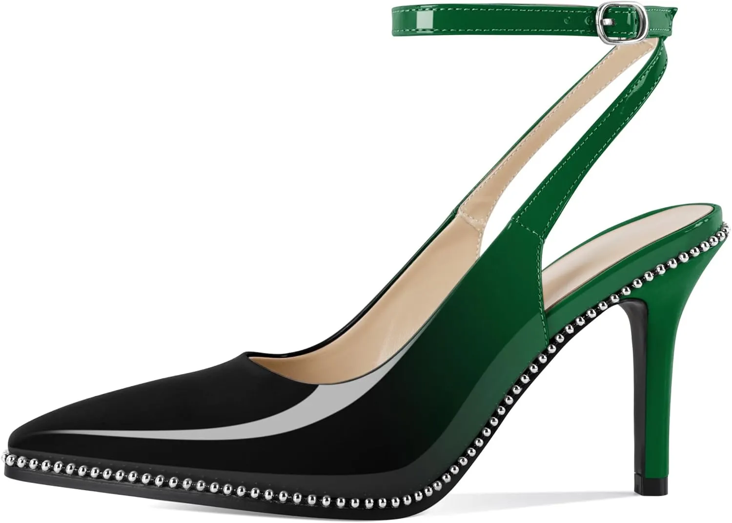 Soireelady Women's Slingback Heels Ankle Strap Pointed Toe Stilettos High Heel Beaded Pumps Dress Shoes 3.5 Inches