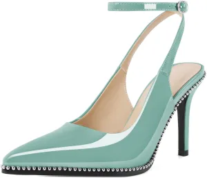 Soireelady Women's Slingback Heels Ankle Strap Pointed Toe Stilettos High Heel Beaded Pumps Dress Shoes 3.5 Inches
