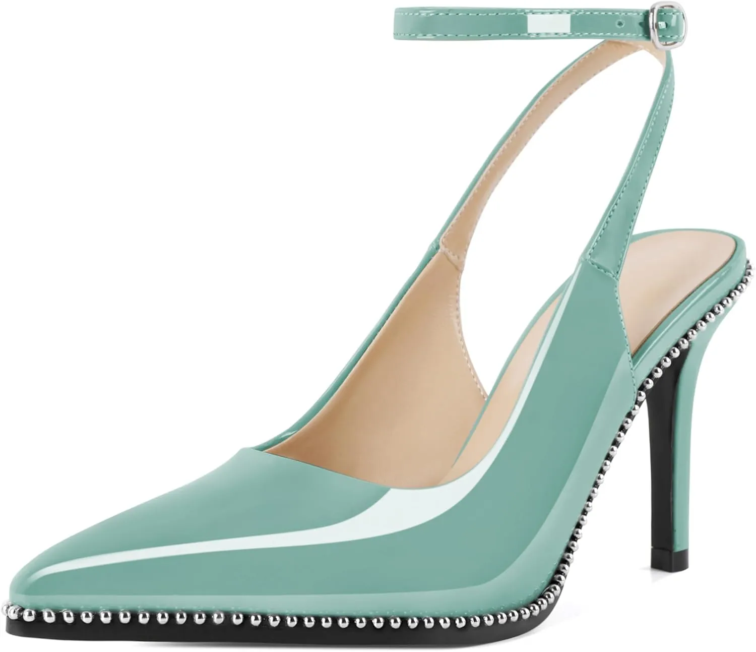 Soireelady Women's Slingback Heels Ankle Strap Pointed Toe Stilettos High Heel Beaded Pumps Dress Shoes 3.5 Inches