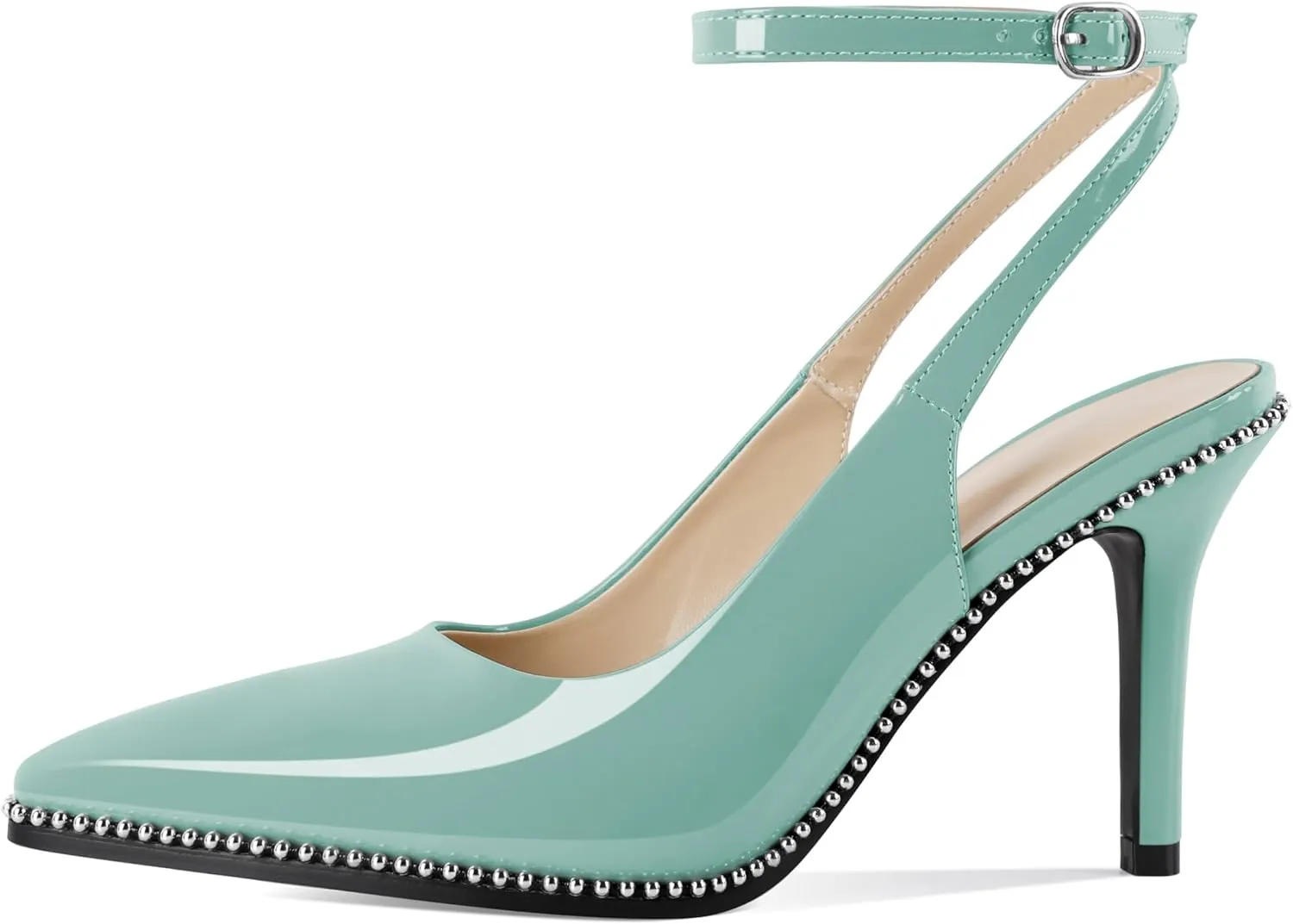 Soireelady Women's Slingback Heels Ankle Strap Pointed Toe Stilettos High Heel Beaded Pumps Dress Shoes 3.5 Inches