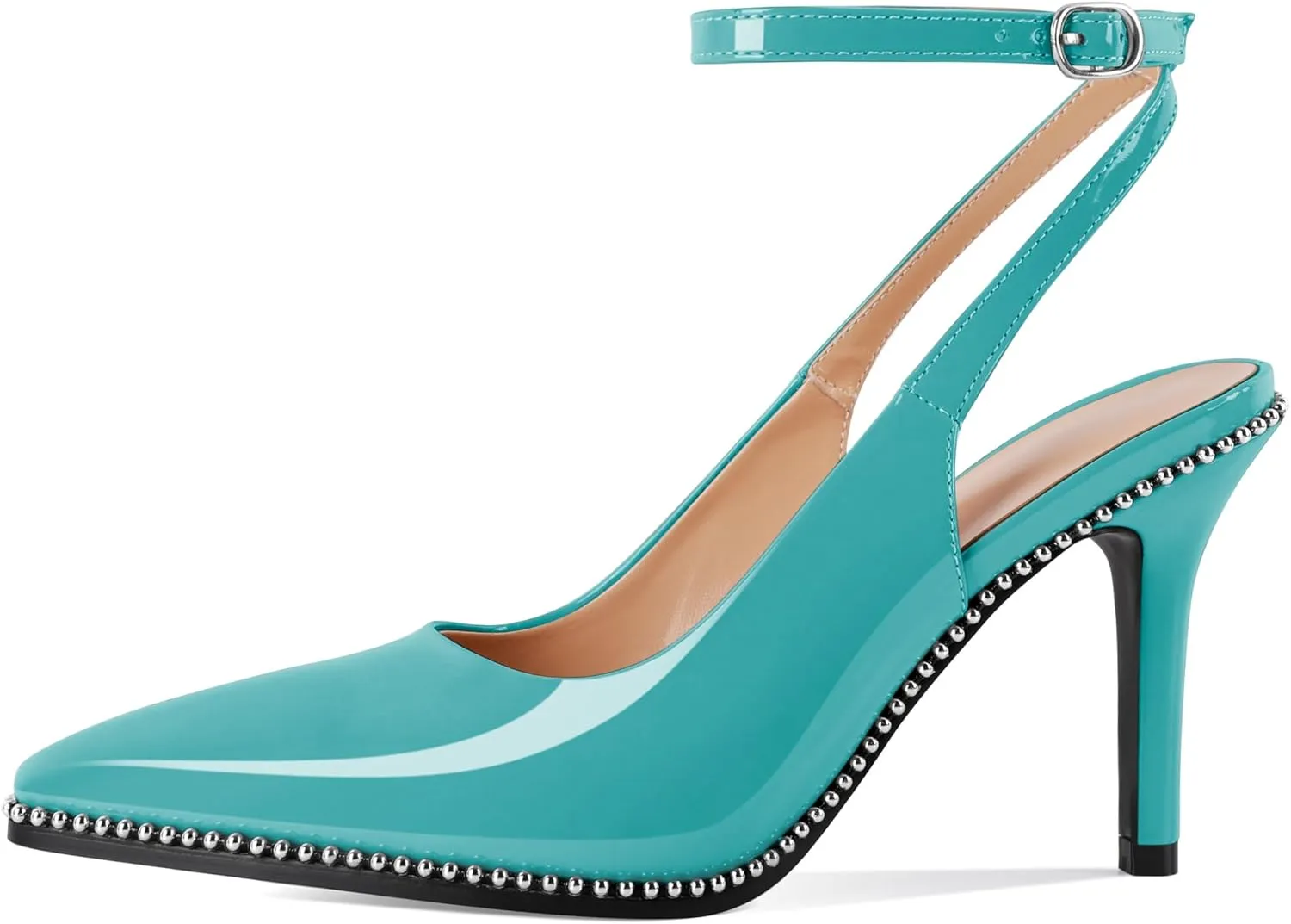 Soireelady Women's Slingback Heels Ankle Strap Pointed Toe Stilettos High Heel Beaded Pumps Dress Shoes 3.5 Inches