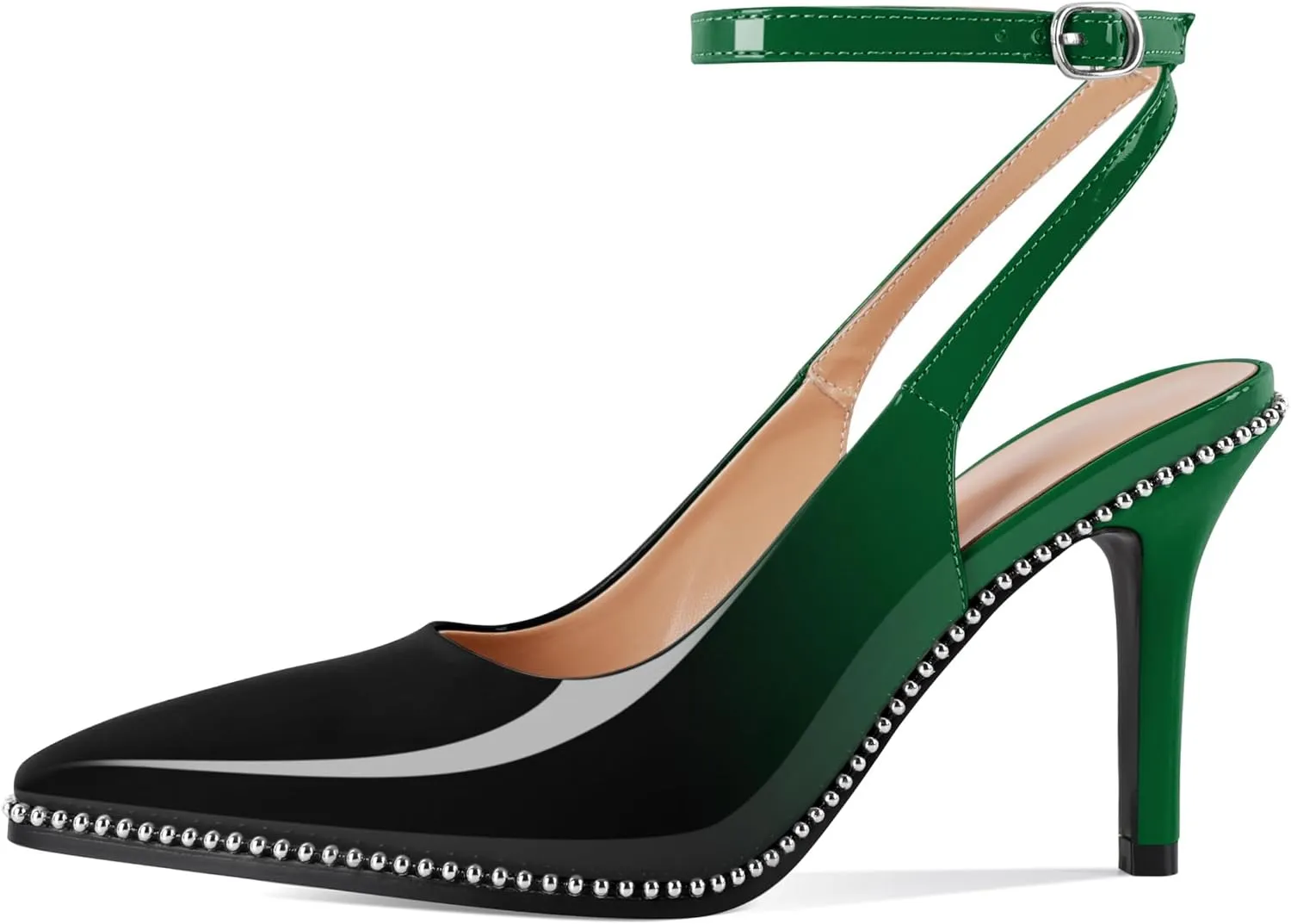 Soireelady Women's Slingback Heels Ankle Strap Pointed Toe Stilettos High Heel Beaded Pumps Dress Shoes 3.5 Inches