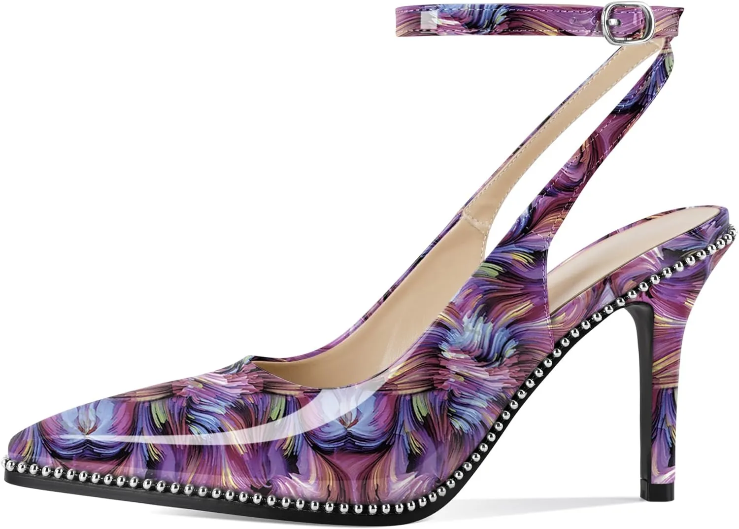 Soireelady Women's Slingback Heels Ankle Strap Pointed Toe Stilettos High Heel Beaded Pumps Dress Shoes 3.5 Inches