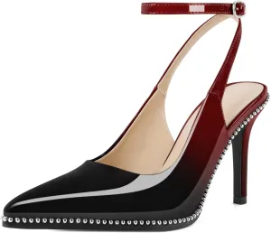 Soireelady Women's Slingback Heels Ankle Strap Pointed Toe Stilettos High Heel Beaded Pumps Dress Shoes 3.5 Inches