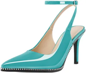 Soireelady Women's Slingback Heels Ankle Strap Pointed Toe Stilettos High Heel Beaded Pumps Dress Shoes 3.5 Inches