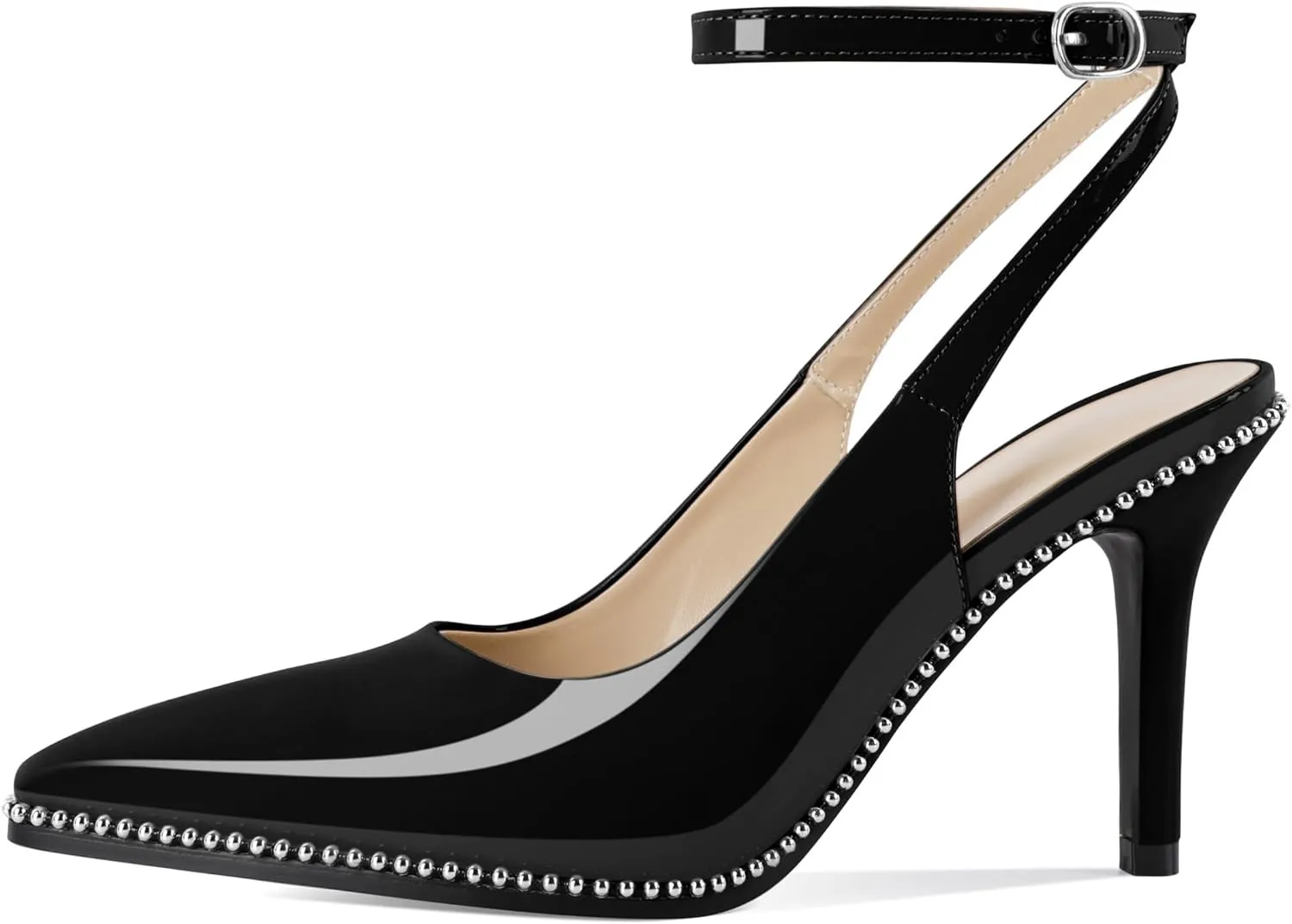 Soireelady Women's Slingback Heels Ankle Strap Pointed Toe Stilettos High Heel Beaded Pumps Dress Shoes 3.5 Inches