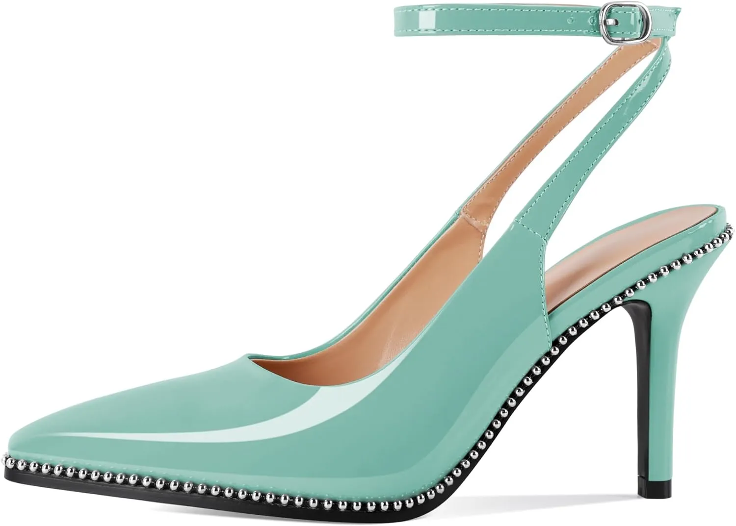 Soireelady Women's Slingback Heels Ankle Strap Pointed Toe Stilettos High Heel Beaded Pumps Dress Shoes 3.5 Inches