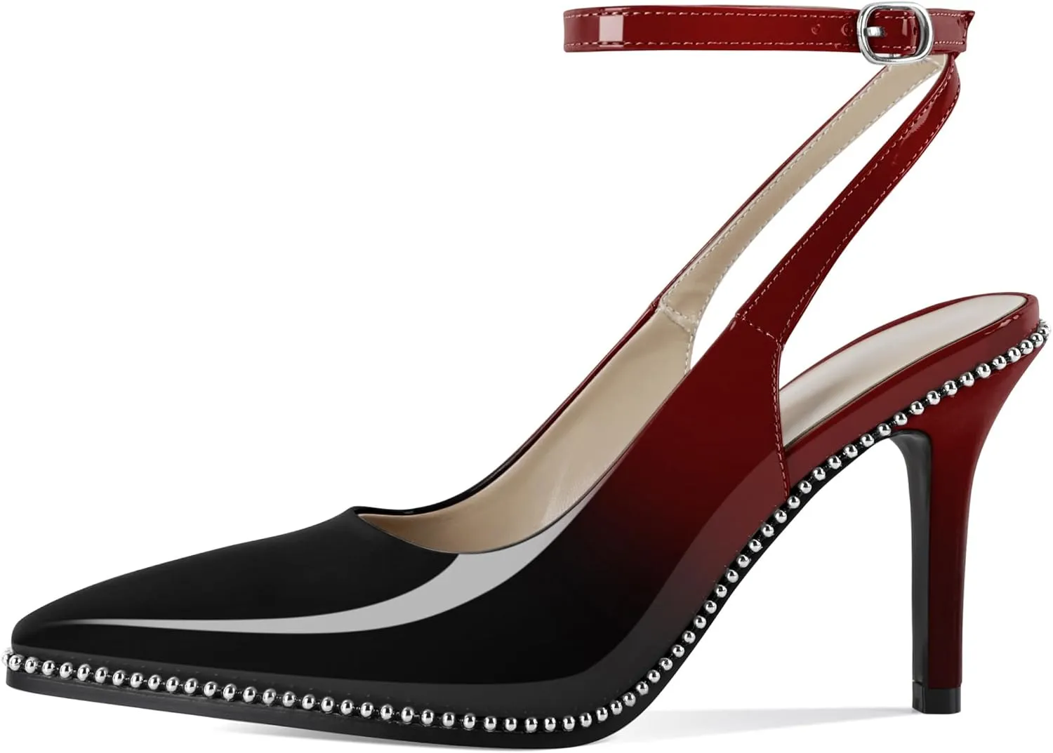 Soireelady Women's Slingback Heels Ankle Strap Pointed Toe Stilettos High Heel Beaded Pumps Dress Shoes 3.5 Inches