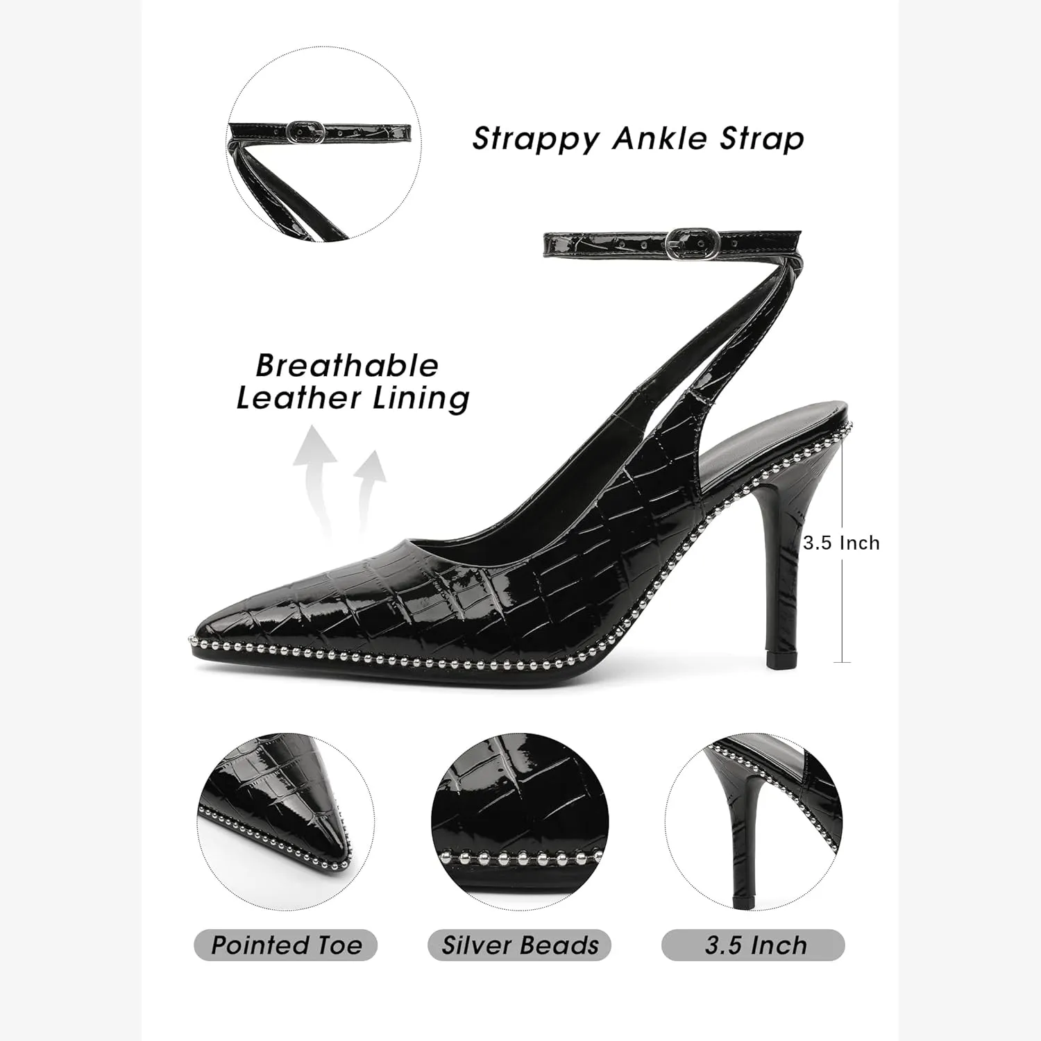 Soireelady Women's Slingback Heels Ankle Strap Pointed Toe Stilettos High Heel Beaded Pumps Dress Shoes 3.5 Inches