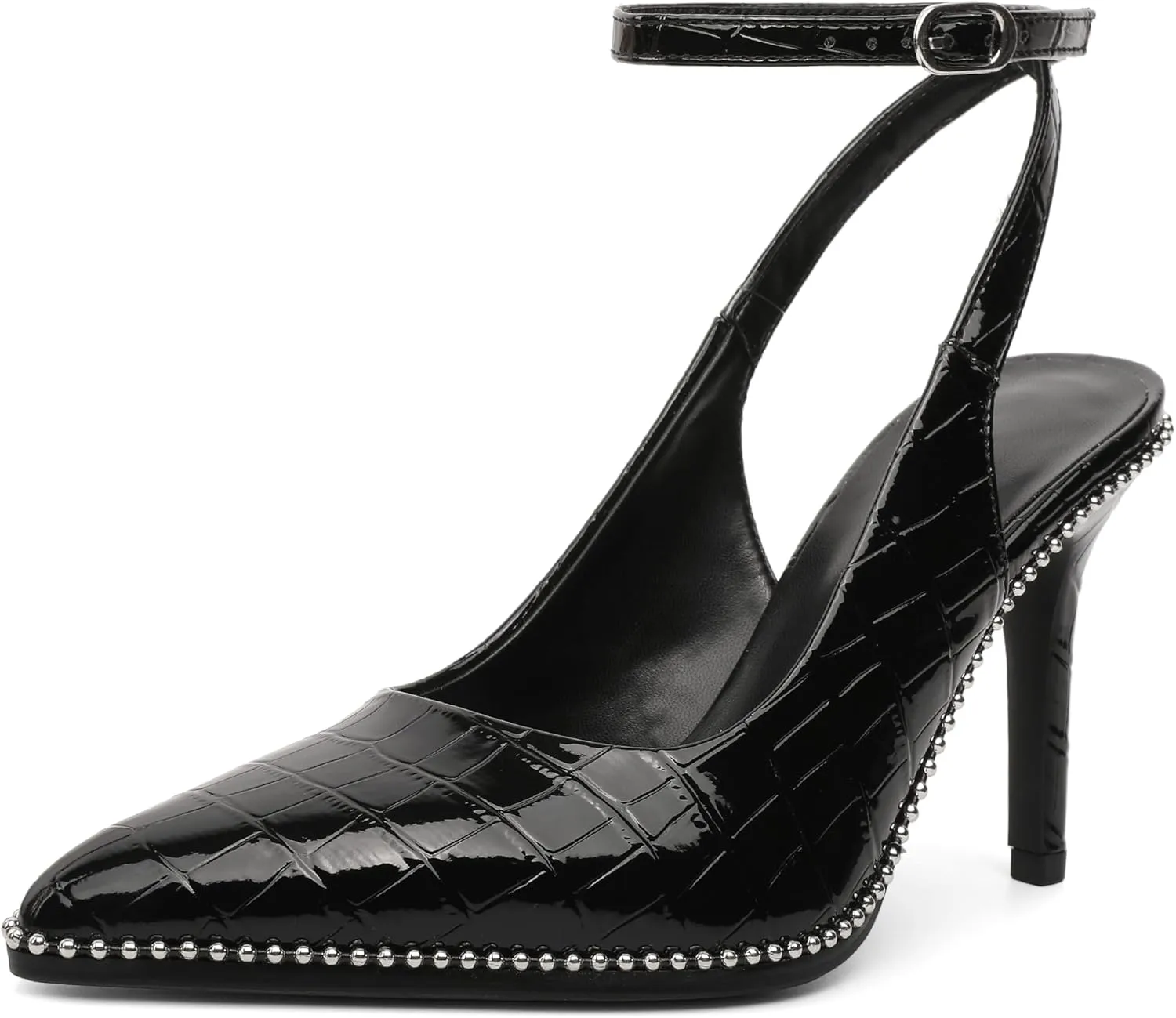 Soireelady Women's Slingback Heels Ankle Strap Pointed Toe Stilettos High Heel Beaded Pumps Dress Shoes 3.5 Inches