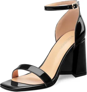 Square Open Toe Block High Heels for Women Ankle Strap Chunky Heeled Sandals Women's Summer Dress Sandal Shoes 3 Inch