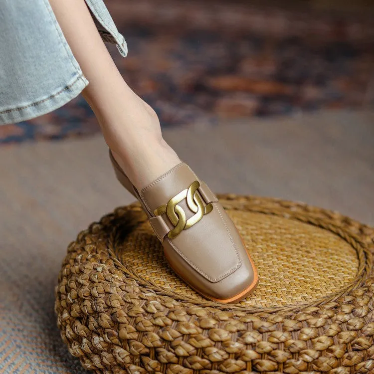 Square Toe Leather Chain Detail Slip-On Mules