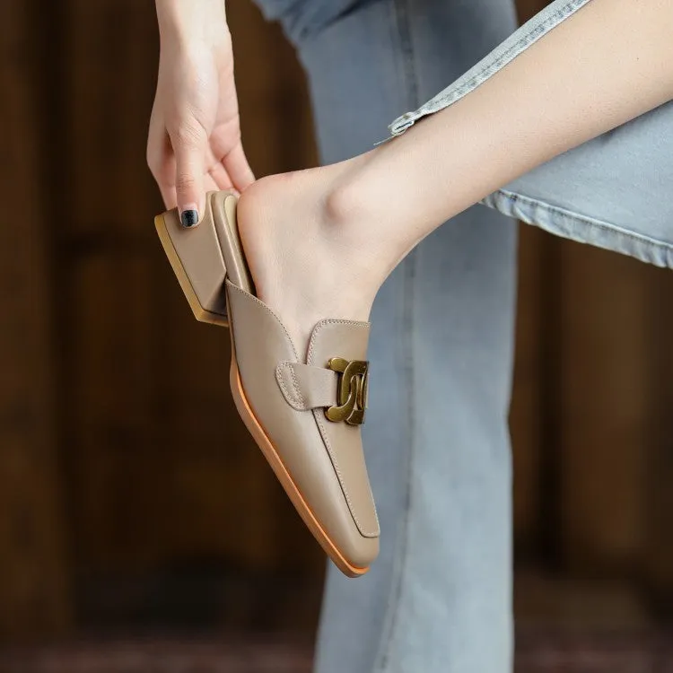 Square Toe Leather Chain Detail Slip-On Mules