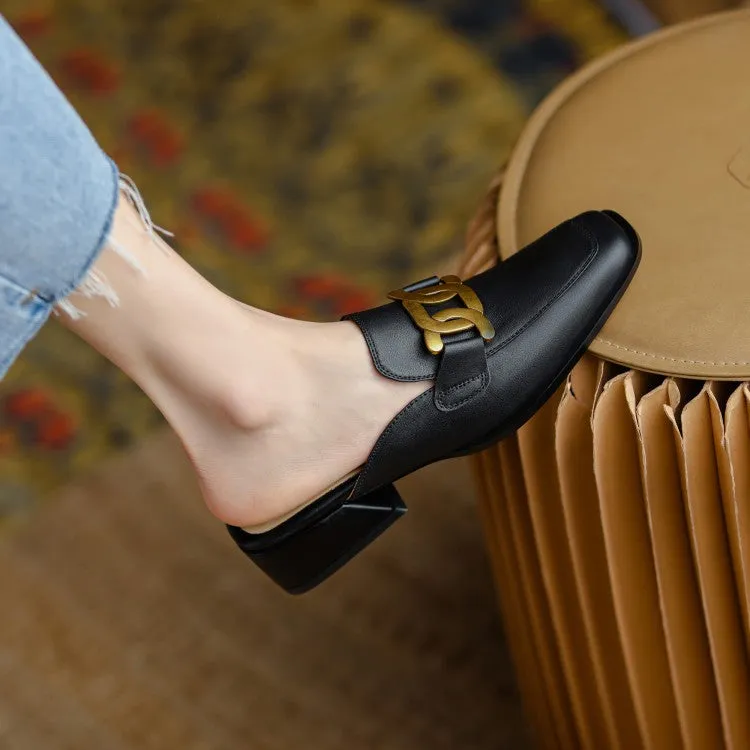 Square Toe Leather Chain Detail Slip-On Mules