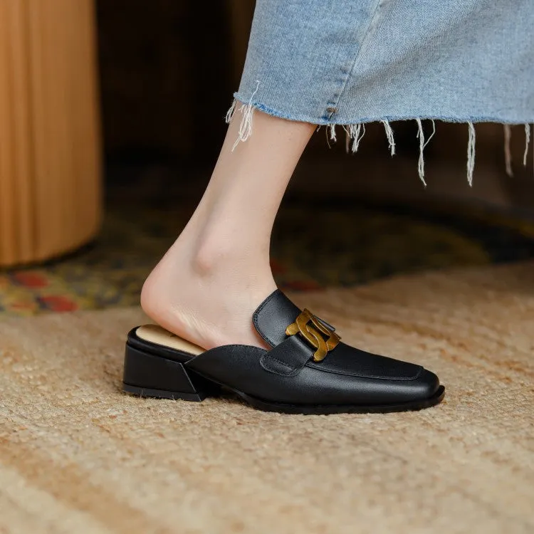 Square Toe Leather Chain Detail Slip-On Mules