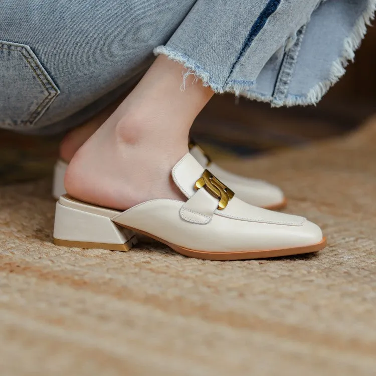 Square Toe Leather Chain Detail Slip-On Mules